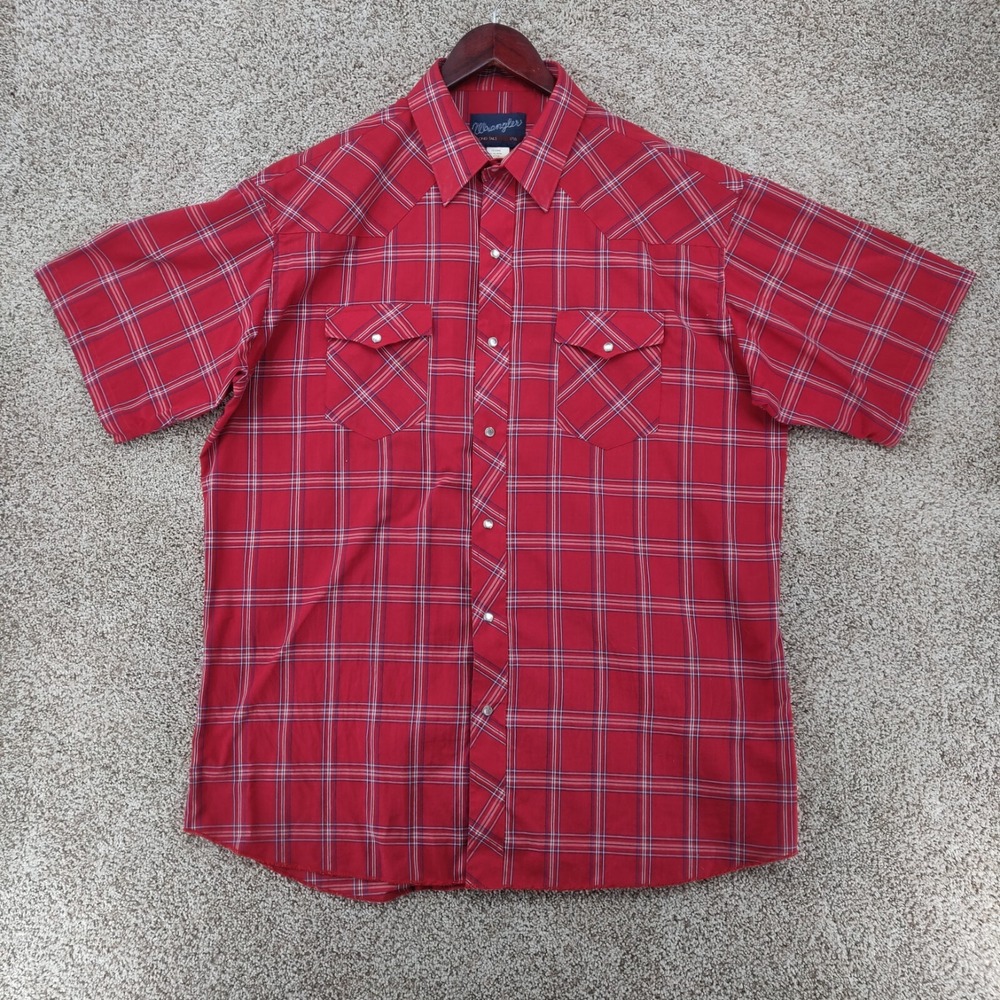 Vintage Wrangler X Long Tails Shirt Pearl Snap Men 17.5 Red Plaid Western Cowboy